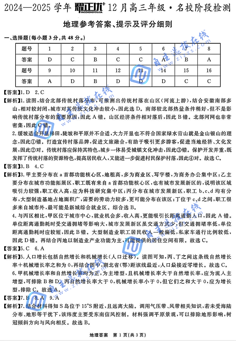 安徽省2025届高三耀正优+12月联考地理试题和答案